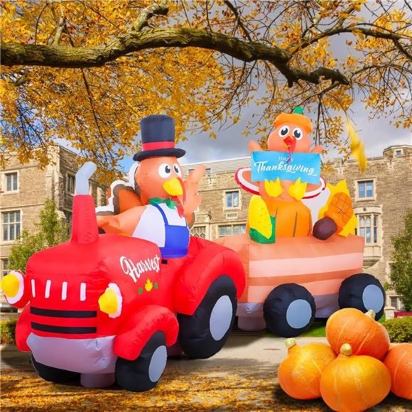 8 FT Thanksgiving Inflatables Decorations with 2 Happy Turkeys on Tractor